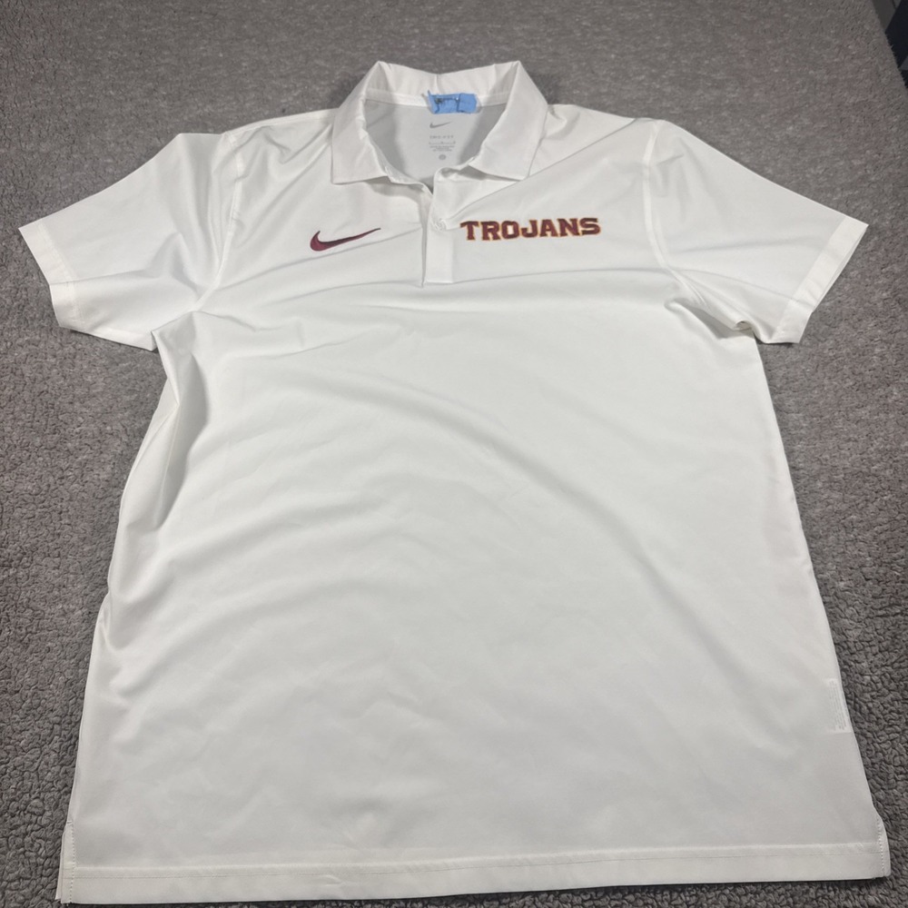 USC Trojans Polo Shirt Mens L White Short Sleeve Nike Dri Fit Performance NCAA